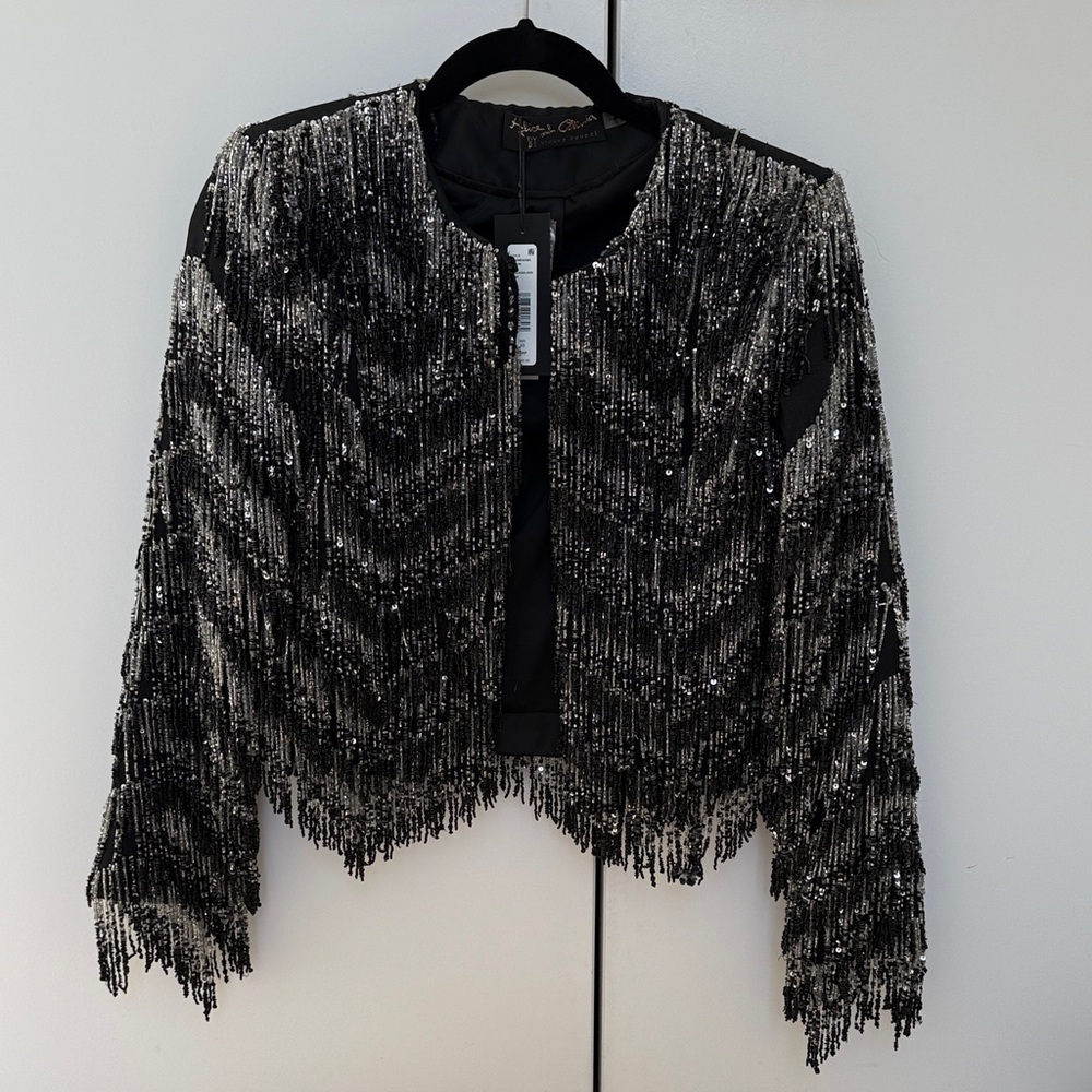 NWT Alice & Olivia Kidman Black and Silver Beaded Jacket XS